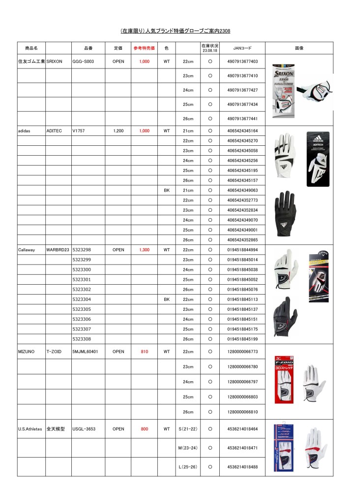 (お買い得！）人気ブランド特価グローブご案内2308