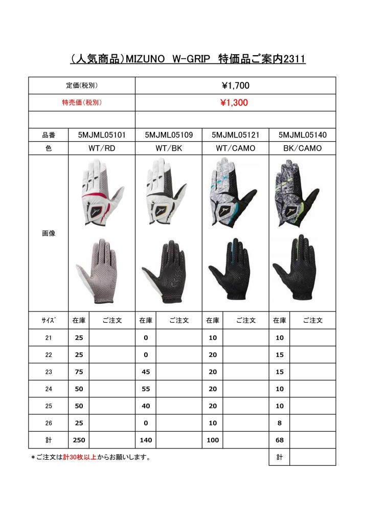 （在庫限り）MIZUNO　W-GRIP特価品ご案内2311