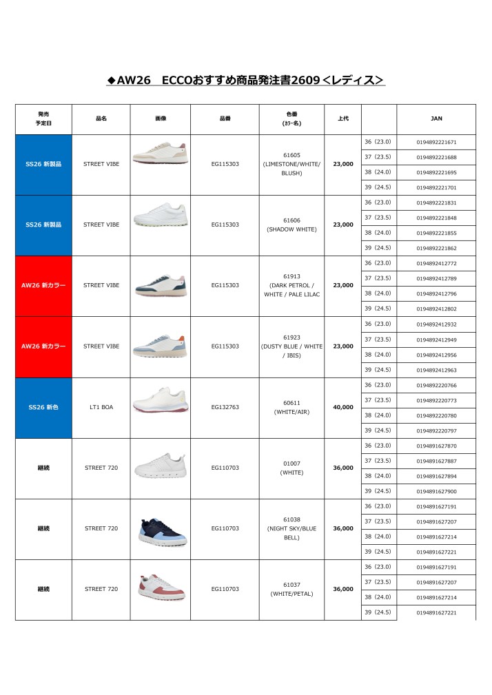 ECCOゴルフシューズ定番品(レディス)ご案内2609