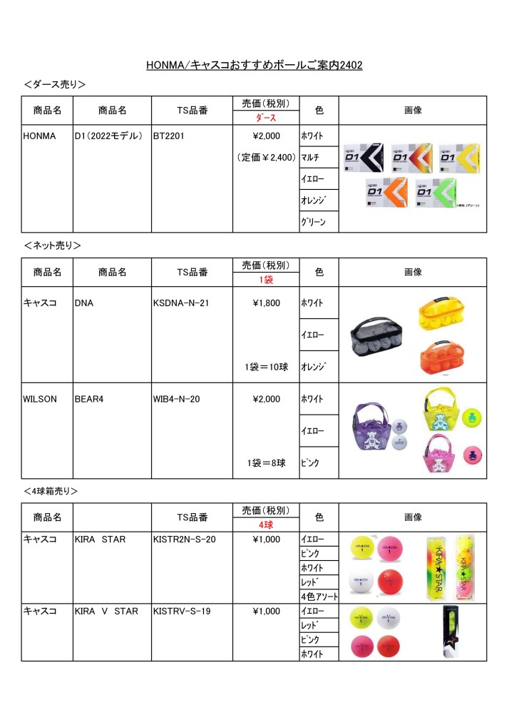HONMA/キャスコおすすめボールご案内2402