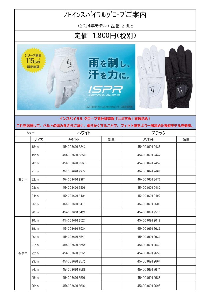 （人気商品）ZEROFITインスパイラルグローブ2024モデルご案内2406