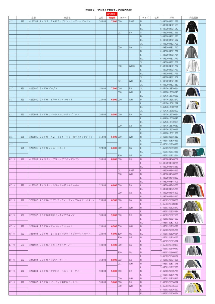 (在庫限り）PING特価品ウェアご案内2512