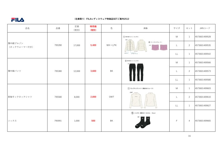 （在庫限り）FILAレディス特価SETご案内2512