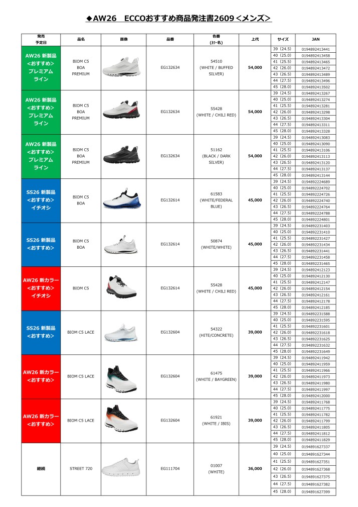 ECCOゴルフシューズ定番品(メンズ)ご案内2609