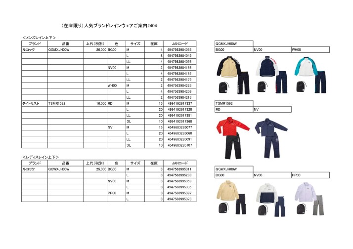 （在庫限り）人気ブランドレインウェアお買い得品ご案内2404